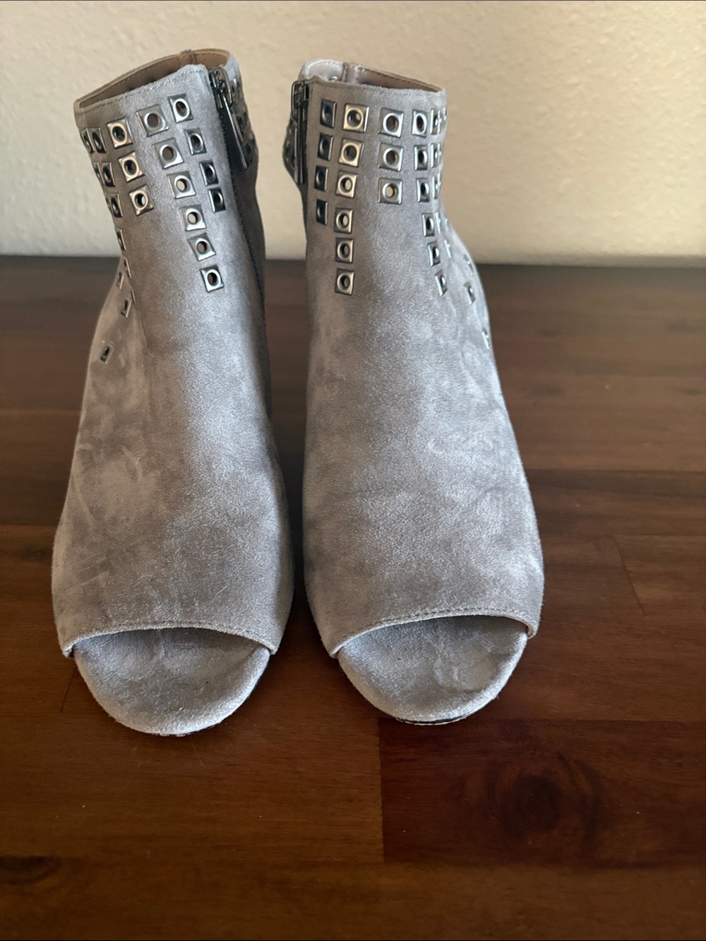 Donald J. Pliner Gray Suede Open-Toe Studded Ankle Booties